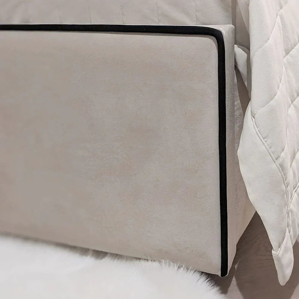 Hugo Cream Velvet Luxury Panelled Bed With Contrast Black Piping