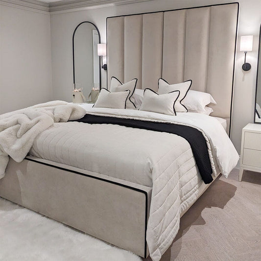 Hugo Cream Velvet Luxury Panelled Bed With Contrast Black Piping